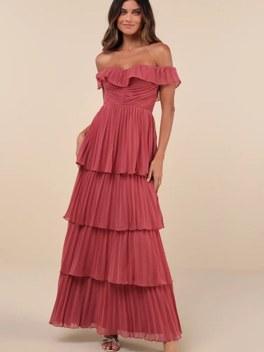 Lulu's Rose-Toned Off-Shoulder Tiered Maxi Dress